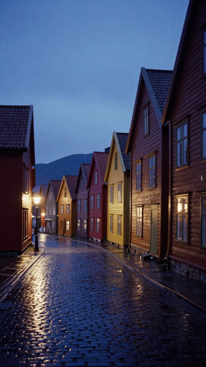 Indigo Twilight in Bergen Norway Street Scene with Colorful Houses in in Bergen, Norway