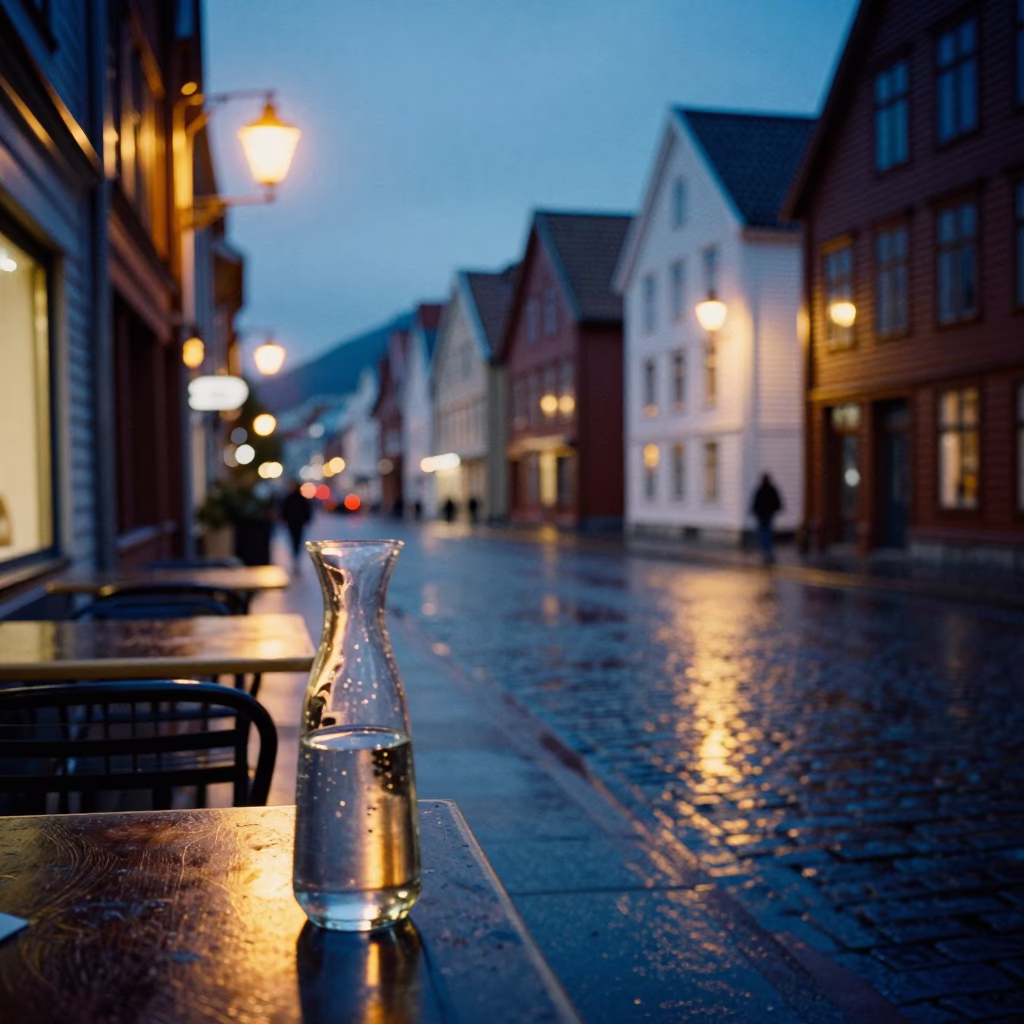 Indigo Twilight in Bergen Norway Street Scene with Glass Carafe and Hotel Reception in in Bergen, Norway