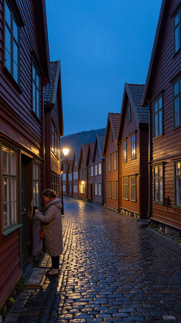 Indigo Twilight in Bergen Norway Street Scene with Local Details in in Bergen, Norway