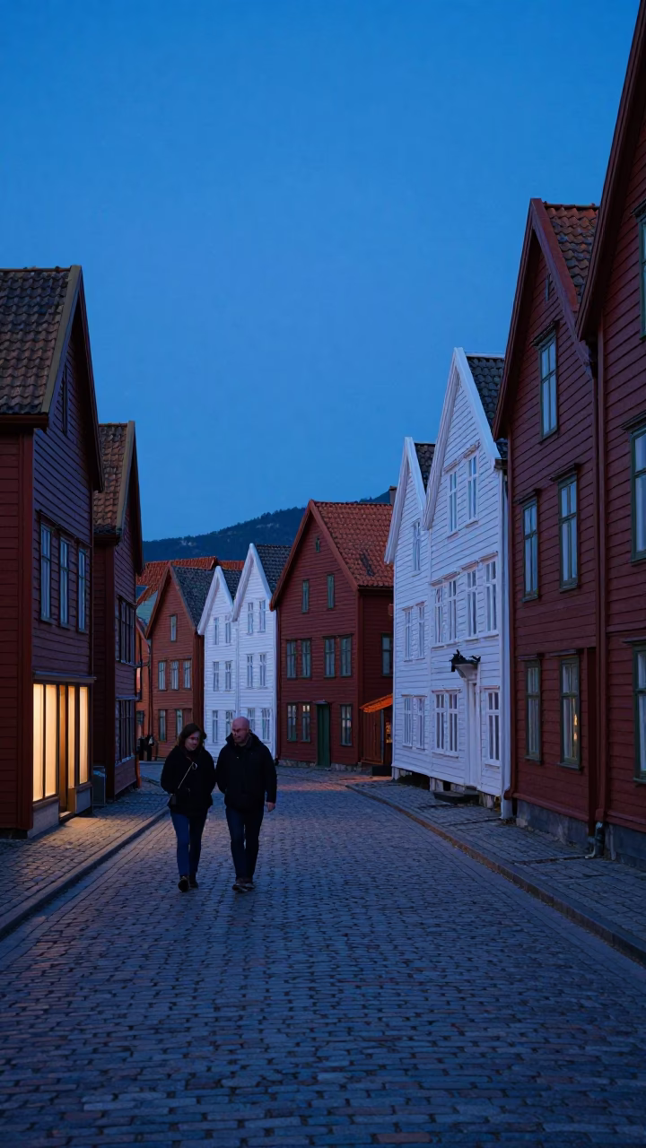 Indigo Twilight in Bergen Norway with Cobblestone Streets and Historic Bryghan Wharf in in Bergen, Norway