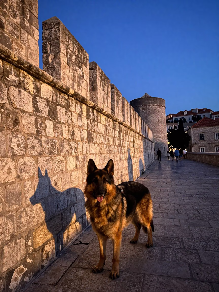 Indigo Twilight in Dubrovnik Croatia Central Asian Shepherd Dog Near Stone Walls in in Dubrovnik, Croatia