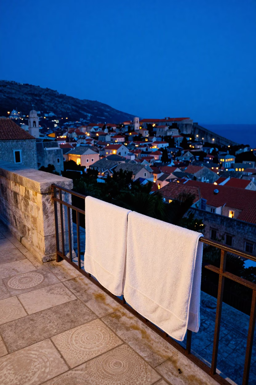 Indigo Twilight in Dubrovnik Croatia with Drying Towels and Water Rings on Stone Terrace in in Dubrovnik, Croatia