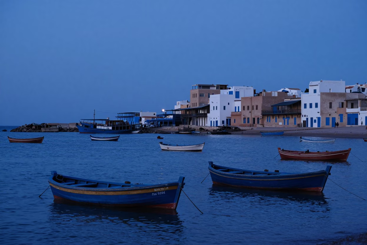 Indigo Twilight in Essaouira Morocco Fishing Harbor with Wooden Rowboats and Coastal Atmosphere in in Essaouira, Morocco
