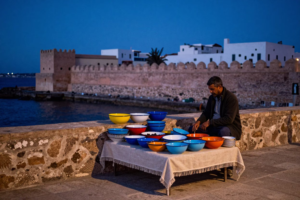 Indigo Twilight in Essaouira Morocco with Enamel Bowls and Linen Fringe in in Essaouira, Morocco