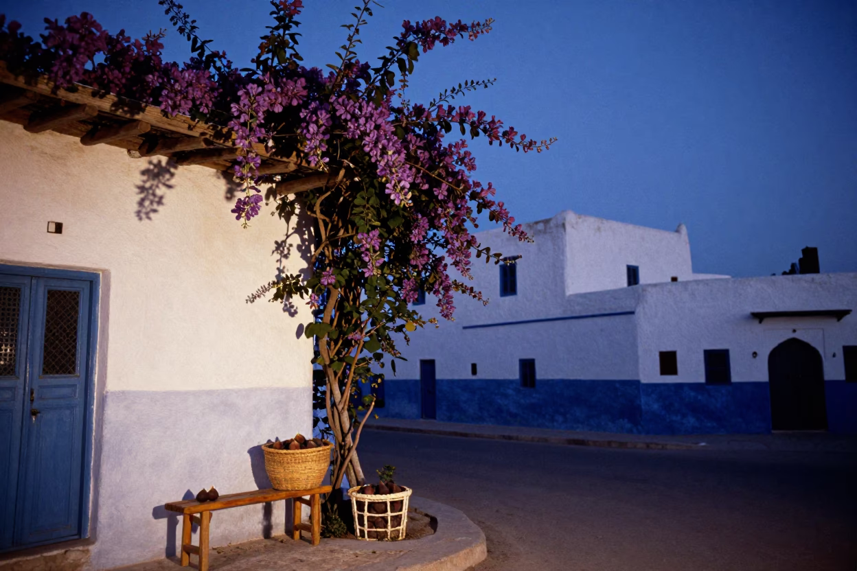 Indigo Twilight in Essaouira Morocco with Figs and Basket on Wooden Pergola in in Essaouira, Morocco
