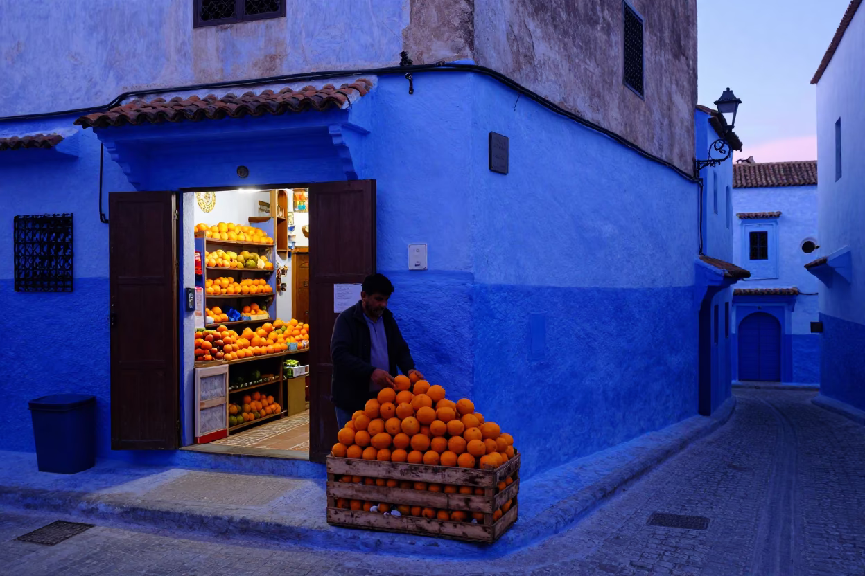 Indigo Twilight in Essaouira Morocco with Oranges on Blue Street Corner in in Essaouira, Morocco
