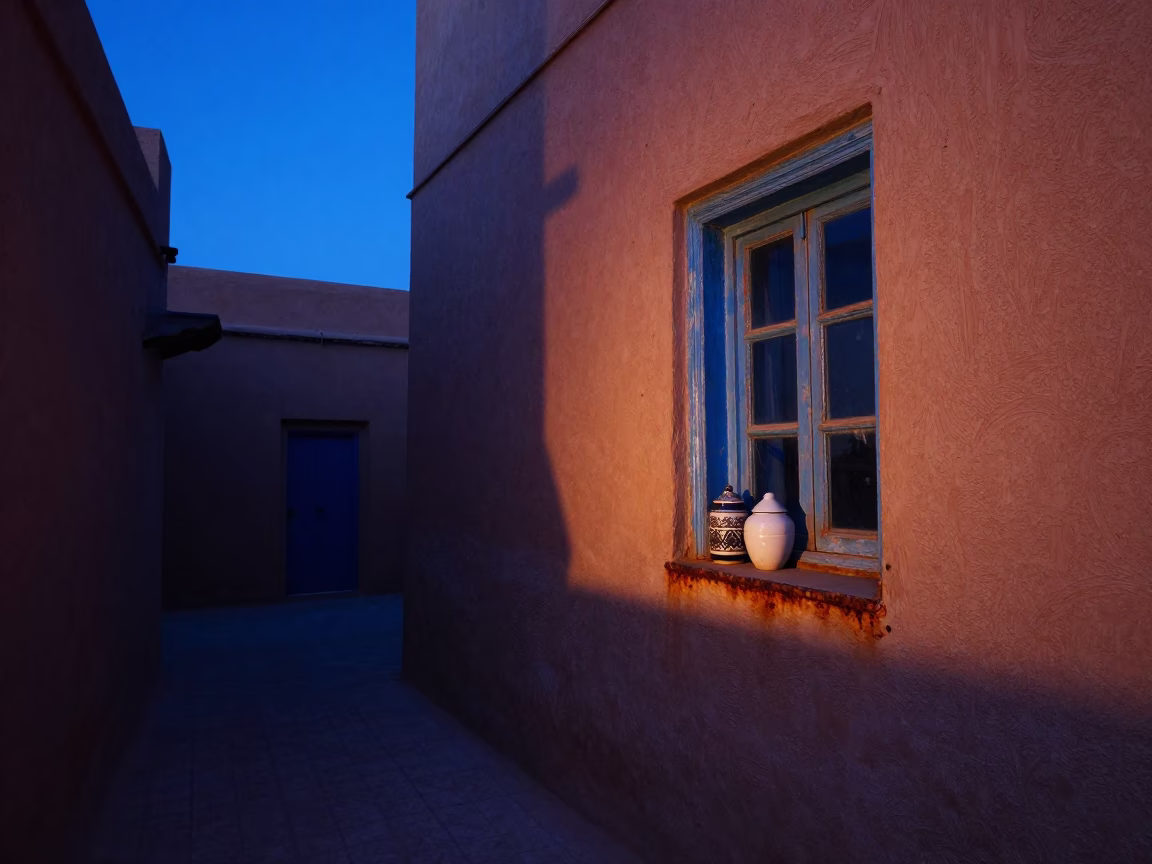 Indigo Twilight in Fez Morocco Rusty Sill and Canisters in Traditional Kitchen in in Fez, Morocco