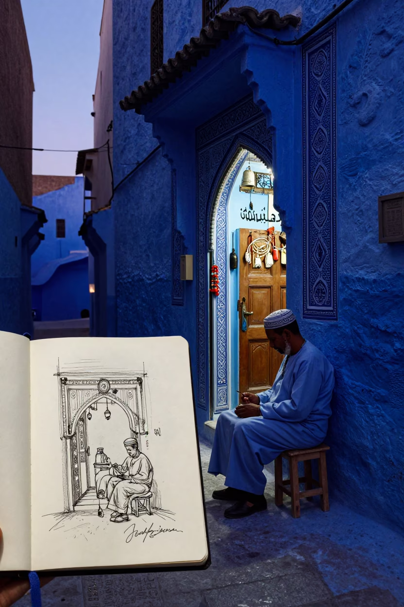 Indigo Twilight in Fez Morocco Street Scene with Sketchbook and Local Interaction in in Fez, Morocco