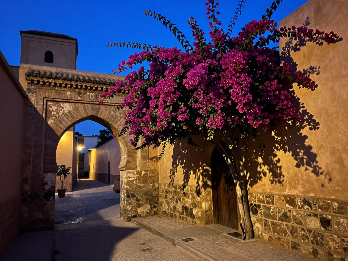 Indigo Twilight in Fez Morocco with Bougainvillea and Traditional Architecture in in Fez, Morocco