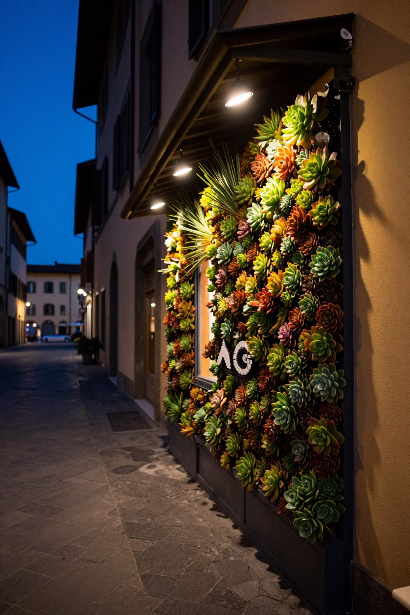 Indigo Twilight in Florence Italy Cafe Succulent Living Wall and Street Life in in Florence, Italy