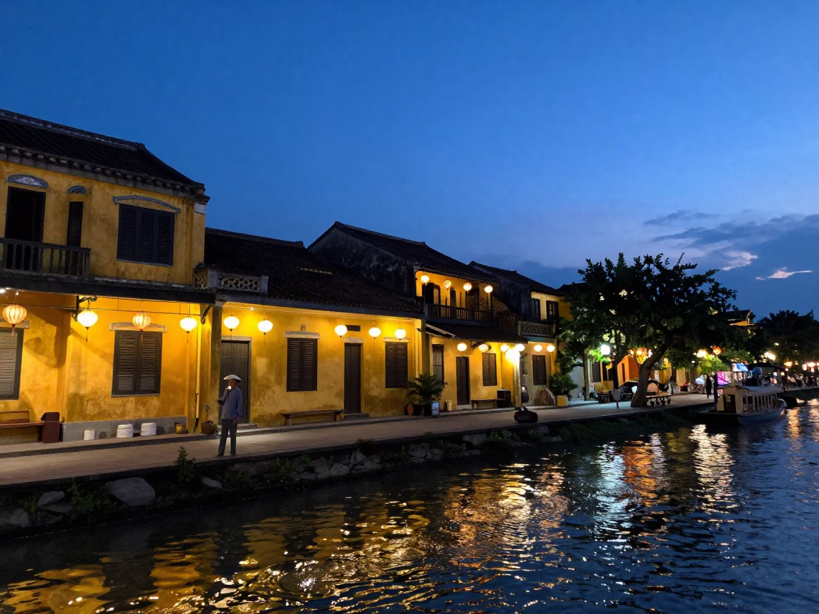 Indigo Twilight in Hoi An Ancient Town with Lanterns and River View in in Hoi An, Vietnam