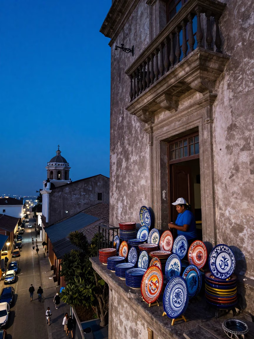 Indigo Twilight in Lima Peru Majolica Plates Displayed on a Balcony in in Lima, Peru