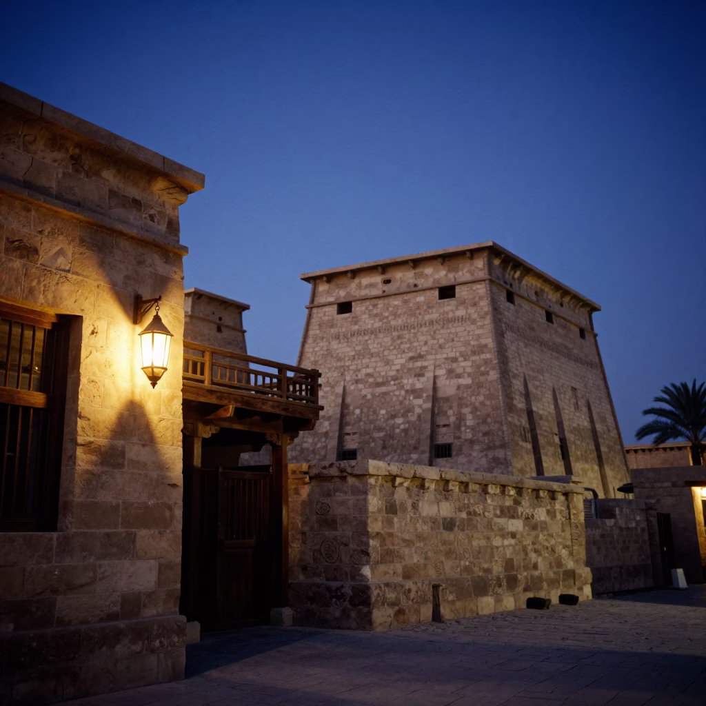Indigo Twilight in Luxor Egypt with Lantern and Stone Architecture in in Luxor, Egypt