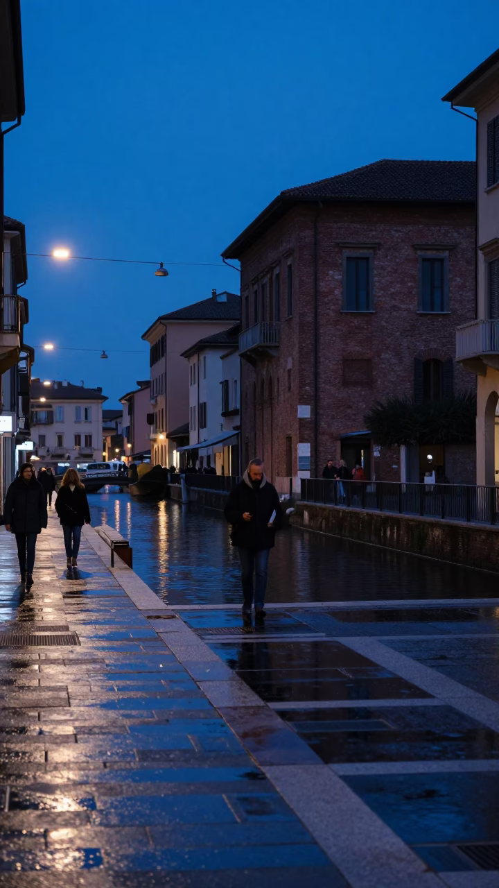 Indigo Twilight in Milan Italy Candid Street Scene with Condensation and Local Life in in Milan, Italy