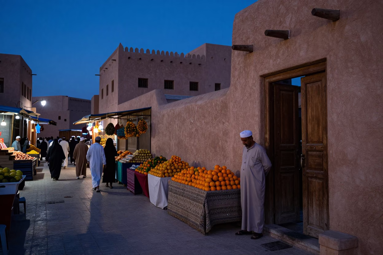 Indigo Twilight in Muscat Oman Traditional Market Scene with Oranges and Garlic in in Muscat, Oman