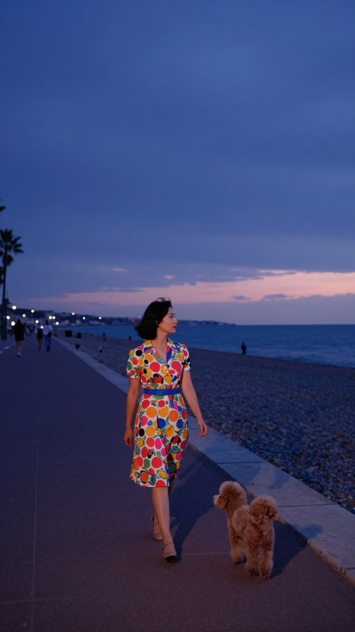 Indigo Twilight in Nice France with Chestnut Husks and Bichon Frise Leash in in Nice, France