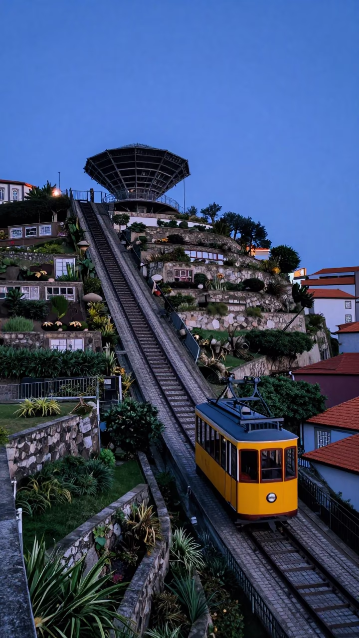 Indigo Twilight in Porto Portugal Funnel Rising Past Terraced Gardens and Historic Stone Architecture in in Porto, Portugal