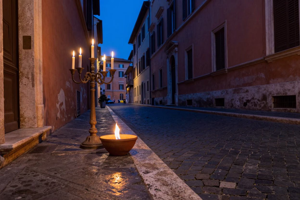 Indigo Twilight in Rome Italy Street Scene with Candlestick and Terracotta Bowl in in Rome, Italy
