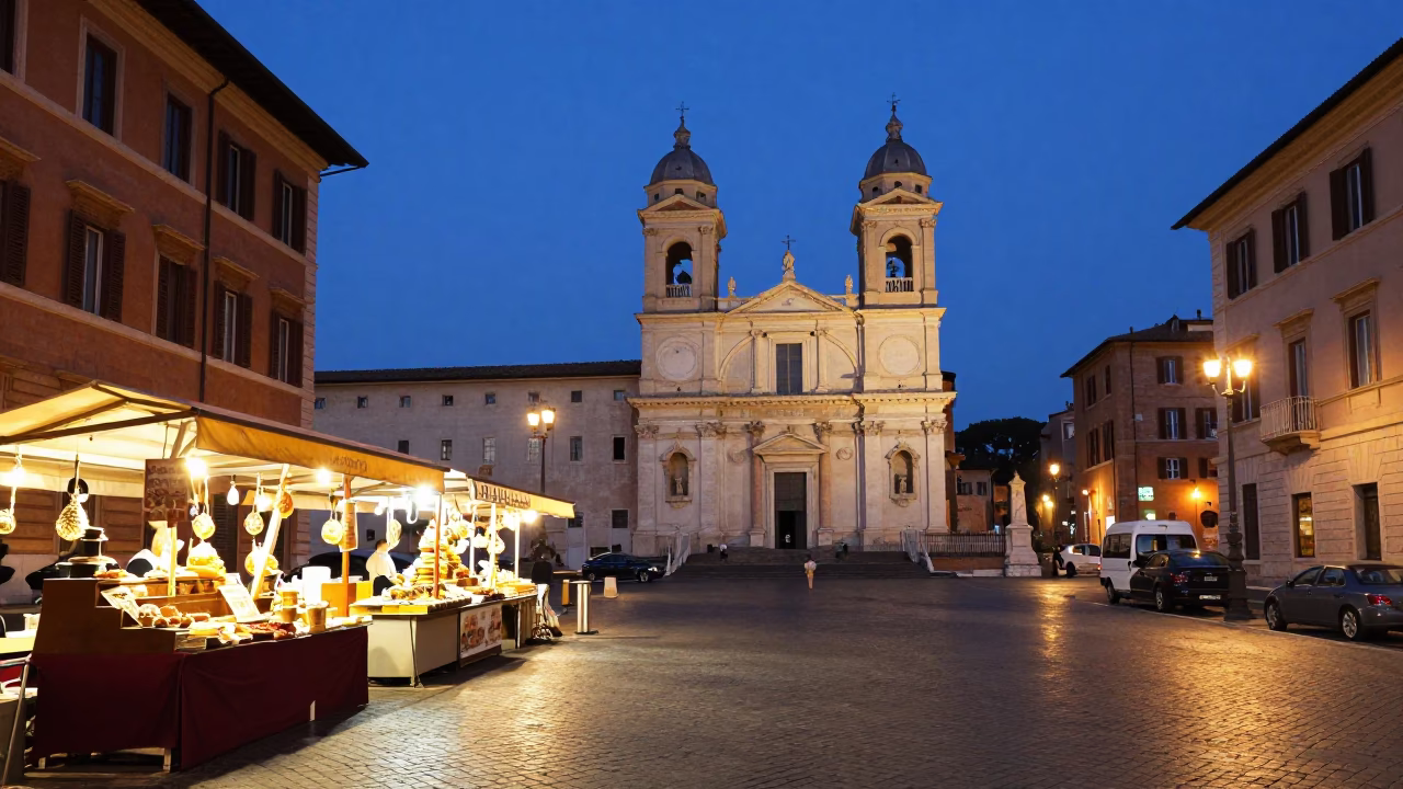 Indigo Twilight in Rome Italy Street Scene with Local Cuisine and Vintage Details in in Rome, Italy