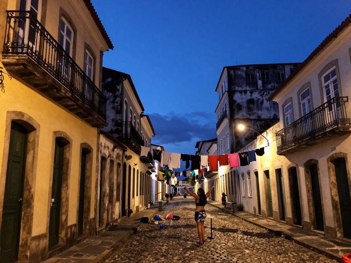Indigo Twilight in Salvador Brazil Street Scene with Laundry and Urban Life in in Salvador, Brazil