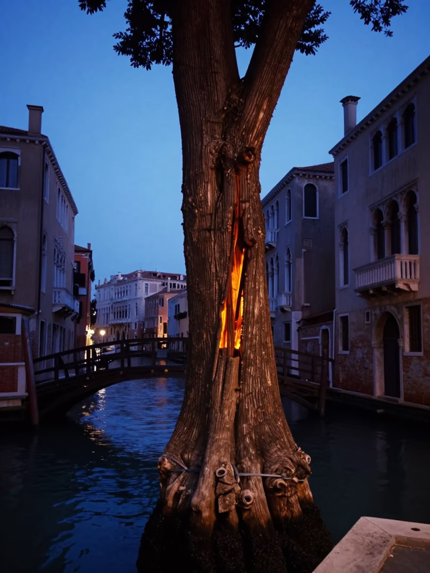 Indigo Twilight in Venice Italy with Giant Sequoia Trunk and Drawbridge in in Venice, Italy