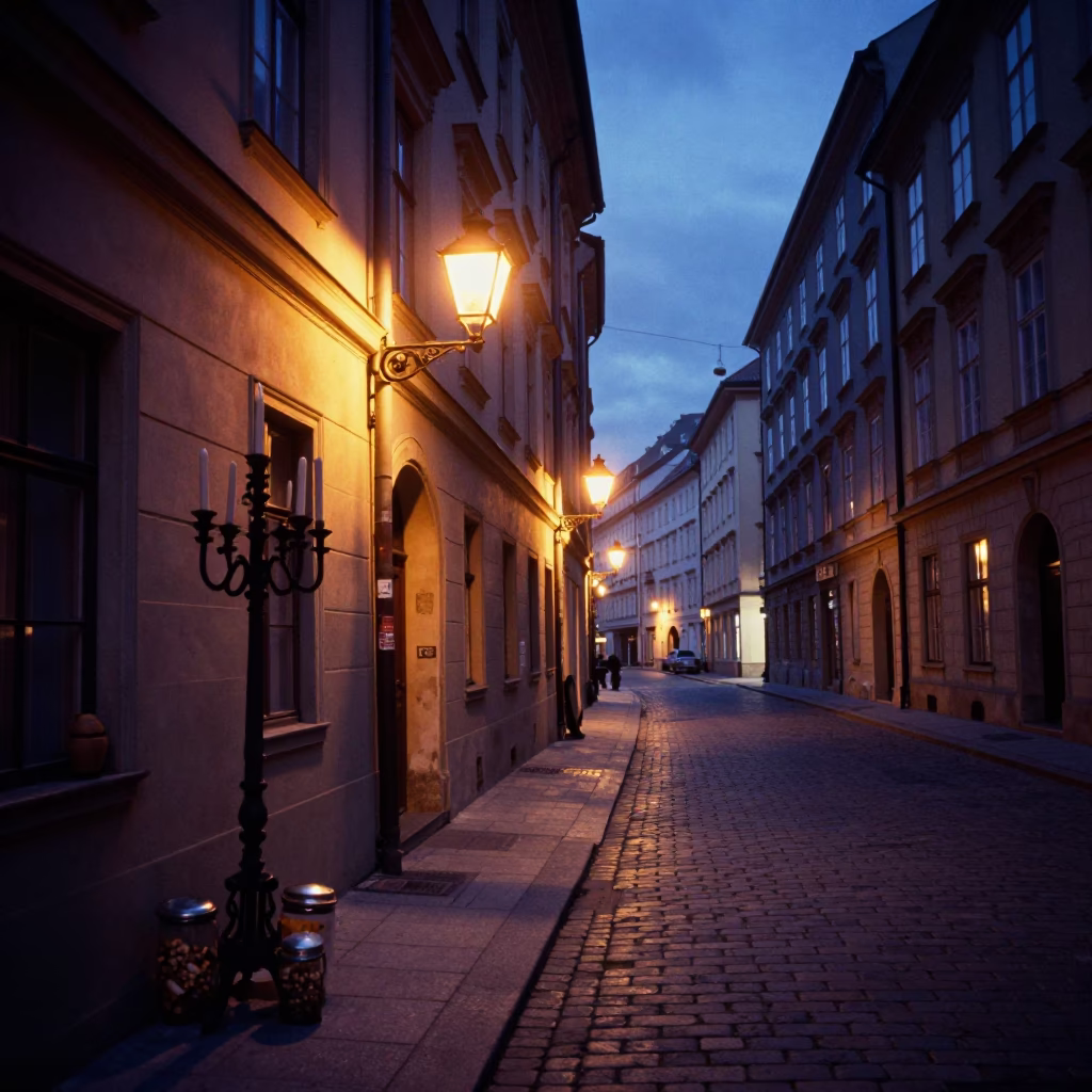 Indigo Twilight in Vienna Austria Street Scene with Candlestick and Jar in in Vienna, Austria