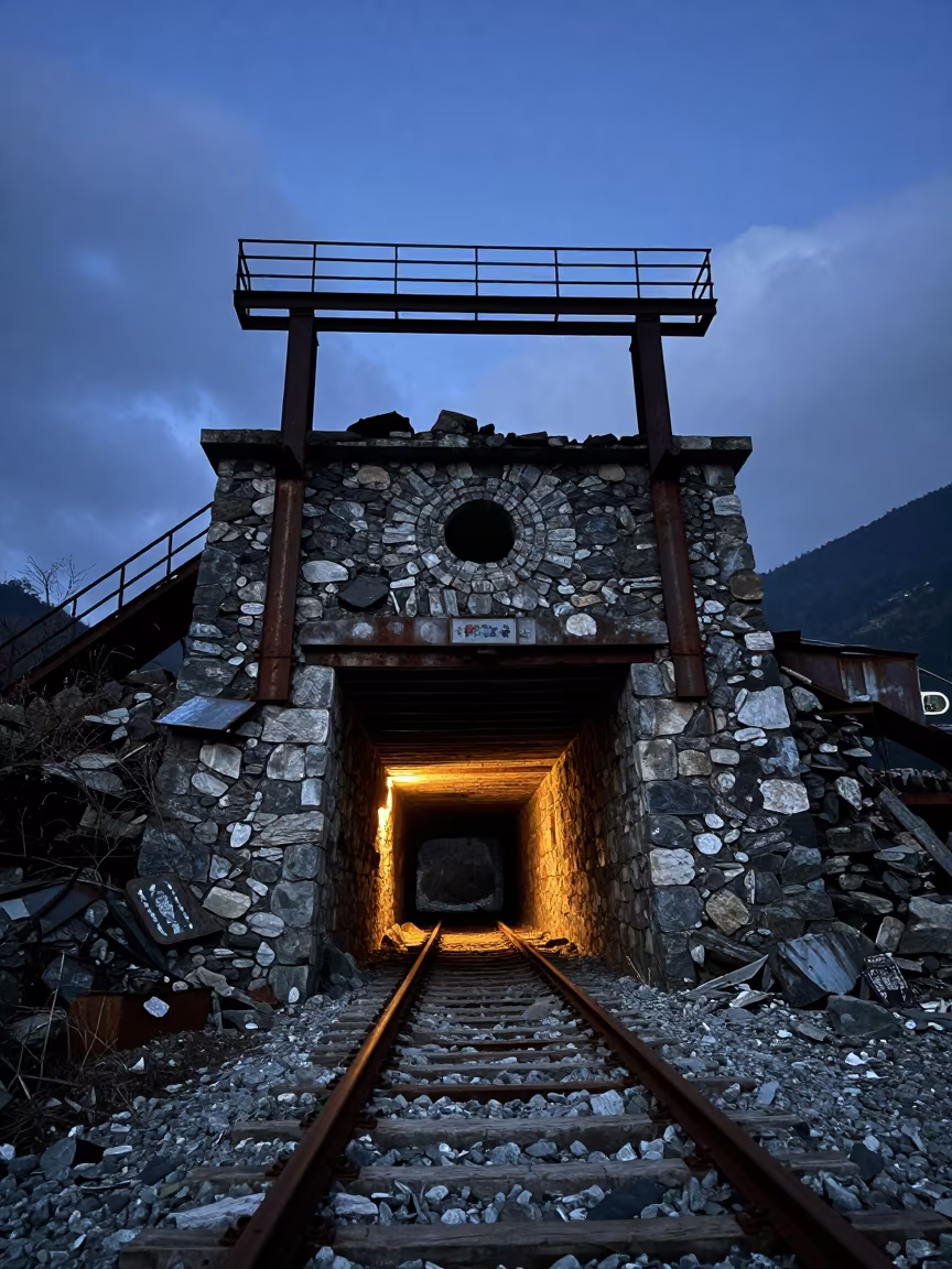 Indigo Twilight Ironstone Mine Entrance Sikkim in under gantries and utility towers in Sikkim