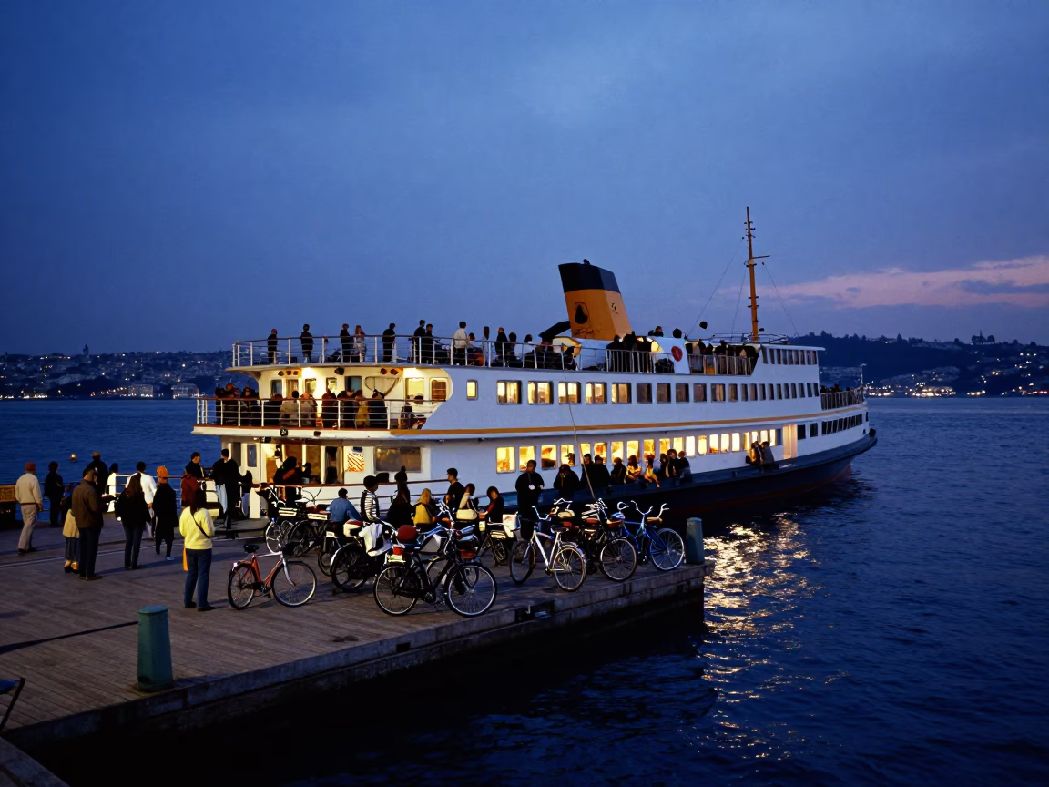 Indigo Twilight Istanbul Ferry Docking with Bicycles and Passengers in in Istanbul, Turkey