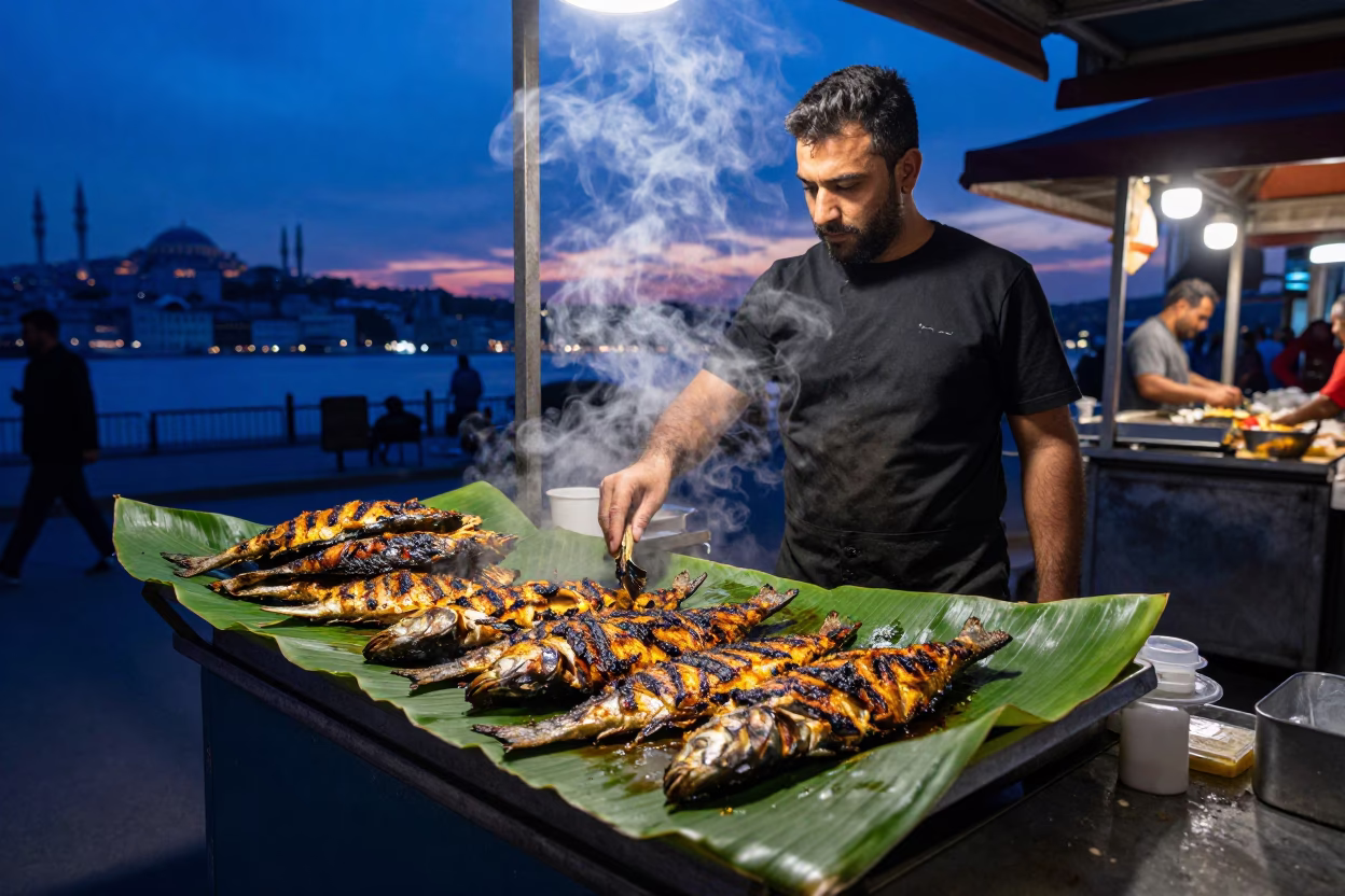 Indigo Twilight Istanbul Street Food Vendor Grilled Fish on Banana Leaf in in Istanbul, Turkey