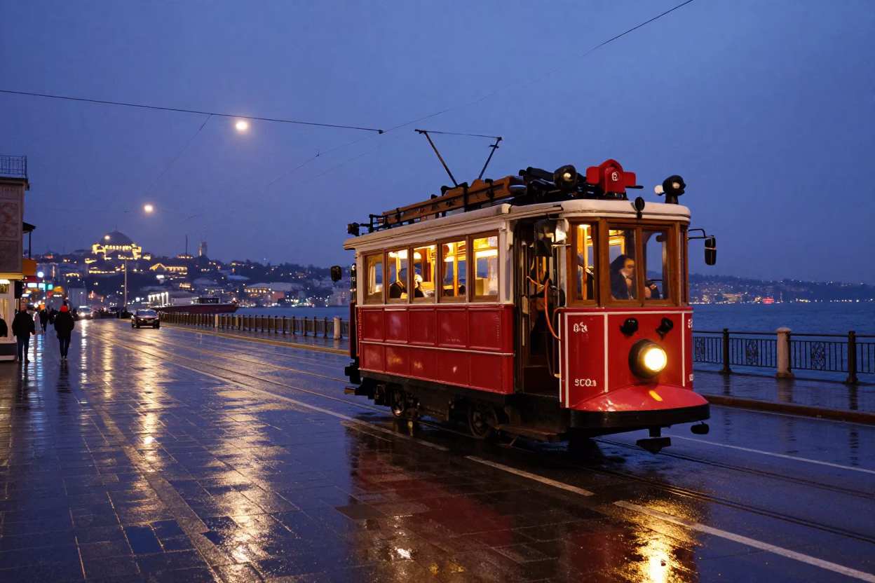 Indigo Twilight Istanbul Street Scene with Heritage Tram and Chestnut Tree in in Istanbul, Turkey