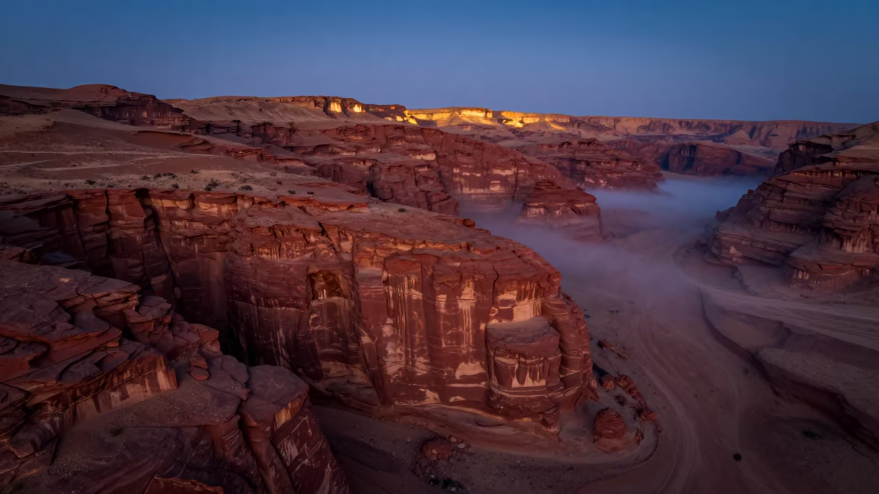 Indigo Twilight Over Jeddah Desert Canyon in far above terraced hillsides near Jeddah