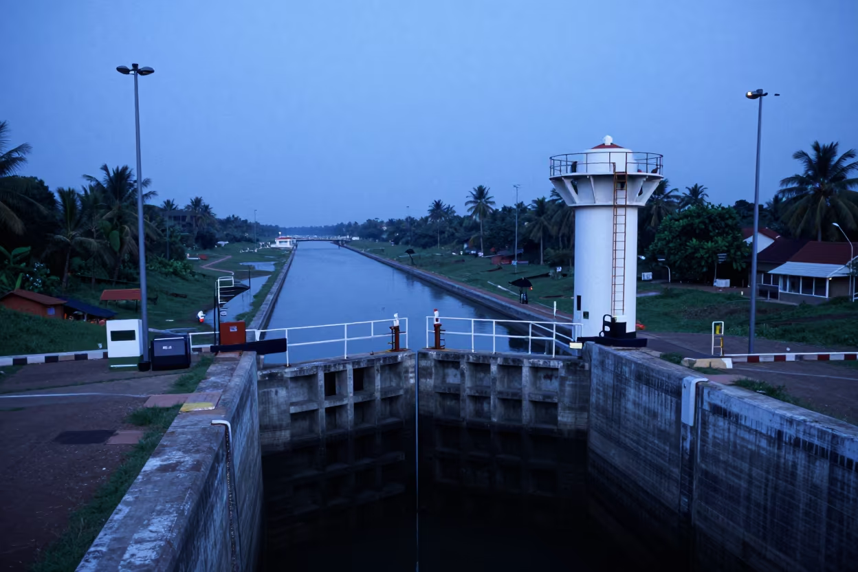 Indigo Twilight Over Kerala Canal Locks in beside a water tower ladder in Kerala