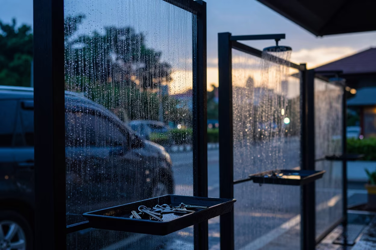 Indigo Twilight Key Tray at Jakarta Valet Stand in at a curbside valet stand outside a hotel entrance in Senopati, Jakarta