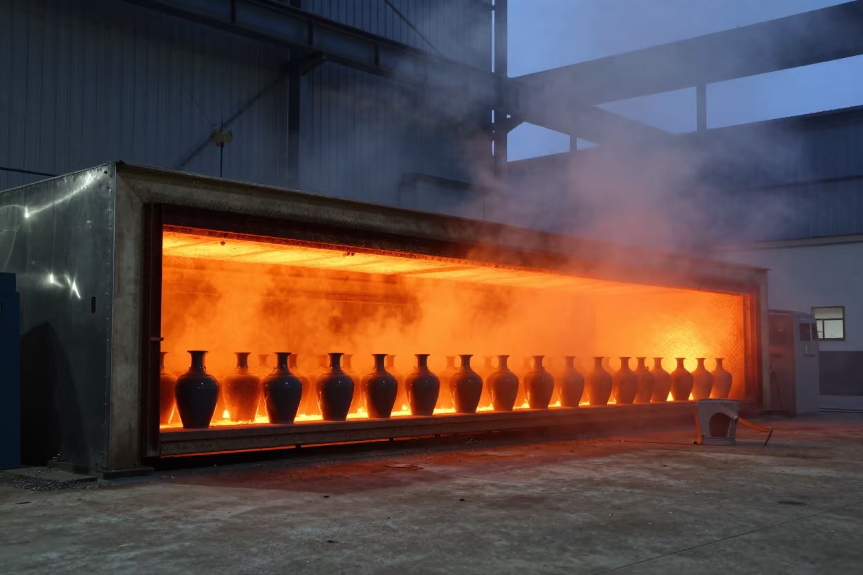 Indigo Twilight Kiln Opening Glazed Pottery Rows in in a turbine hall near Nanchang