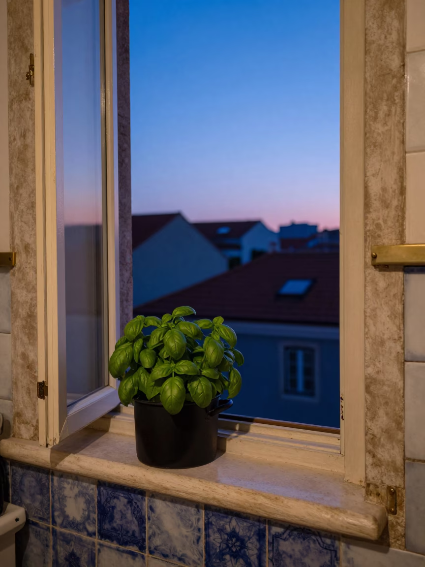 Indigo Twilight Kitchen Scene in Lisbon with Basil Pot and Sfogliatelle Plate in in Lisbon, Portugal