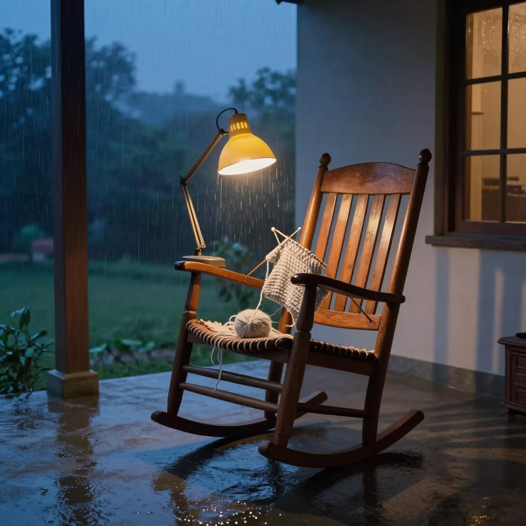Indigo Twilight Knitting on Rajkot Porch in on a porch with a rocking chair near Rajkot