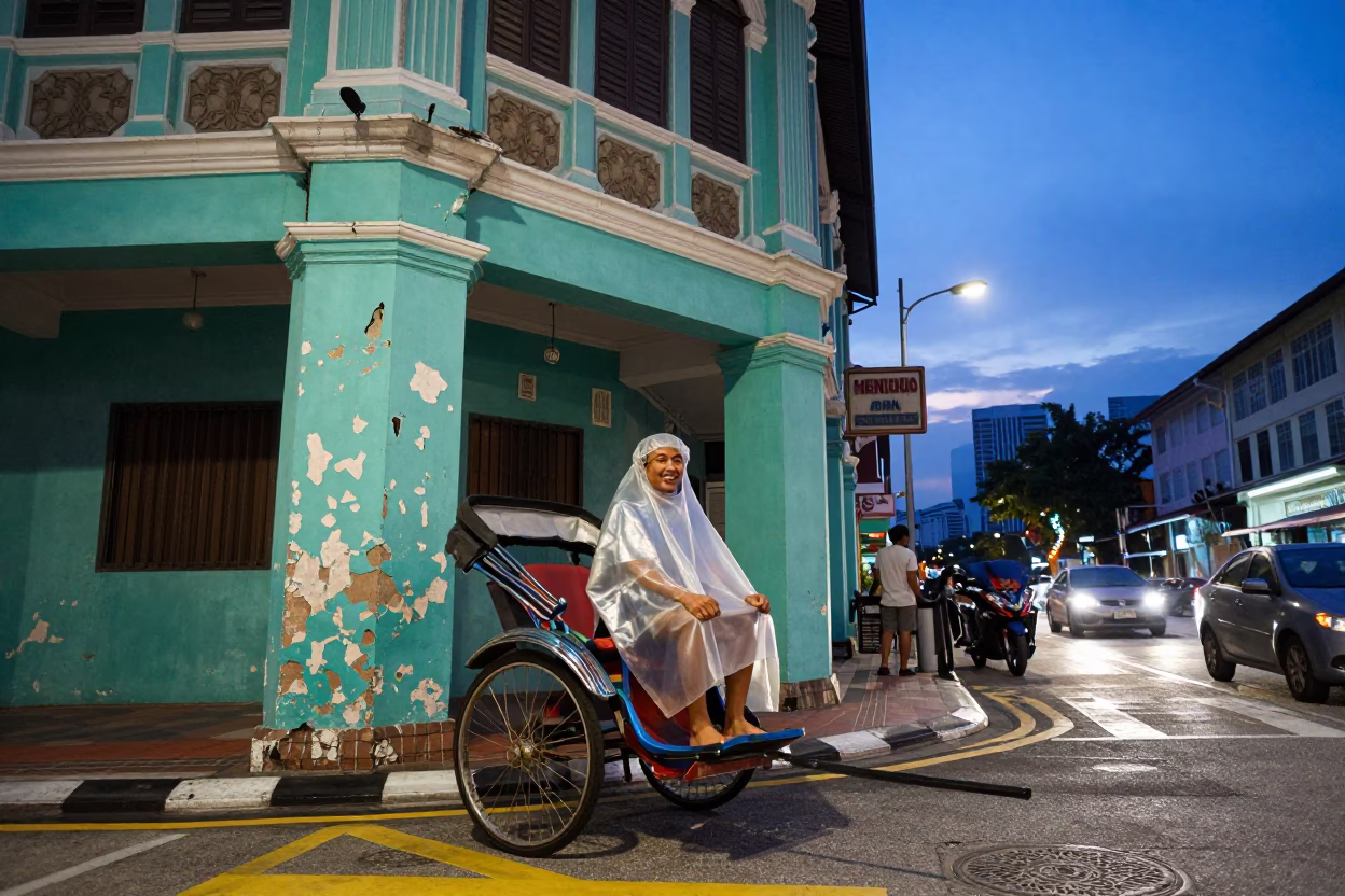 Indigo Twilight Kuala Lumpur Street Scene with Peeling Turquoise Paint and Busy Traffic in in Kuala Lumpur, Malaysia