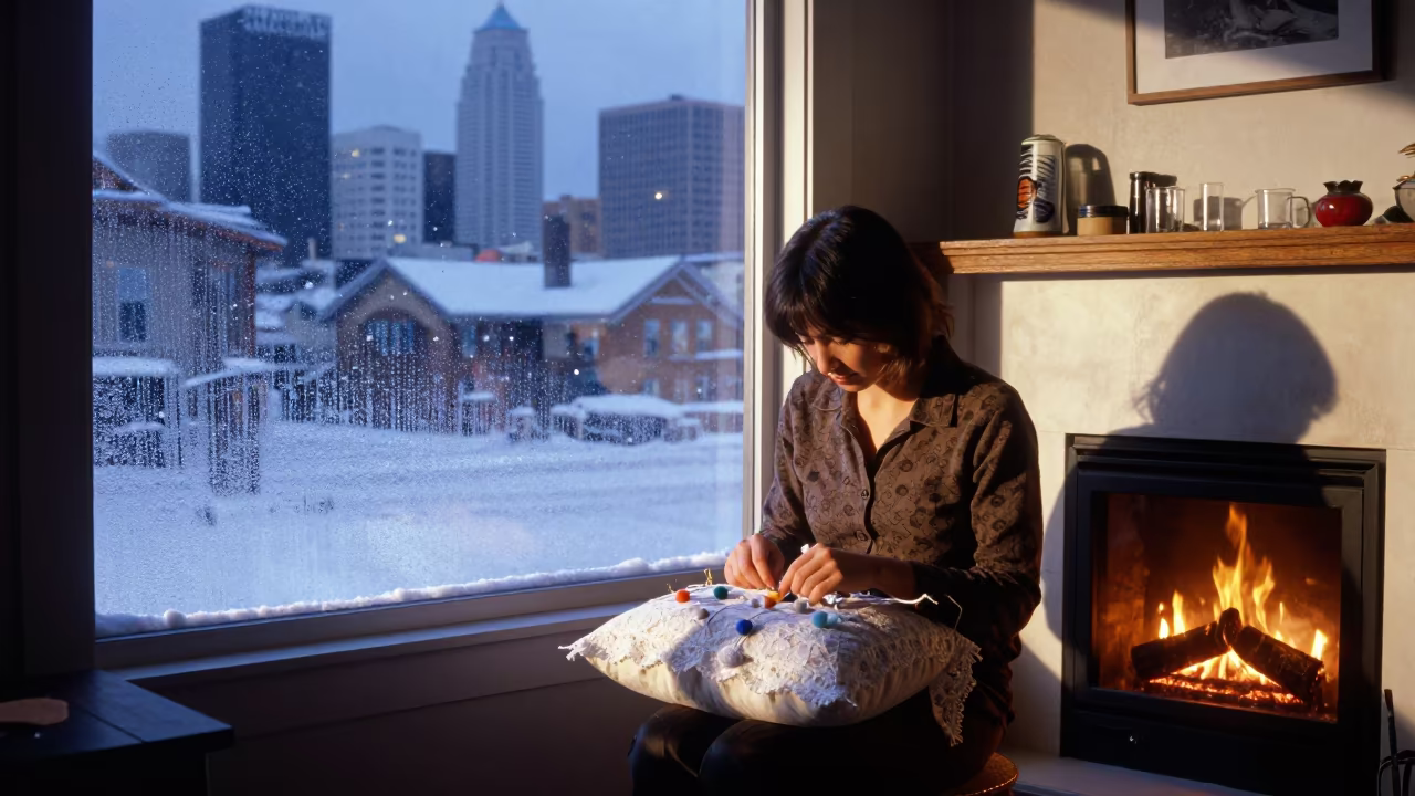 Indigo Twilight Lacemaker Snow Sun Split in by a crackling fireplace in Downtown, Los Angeles