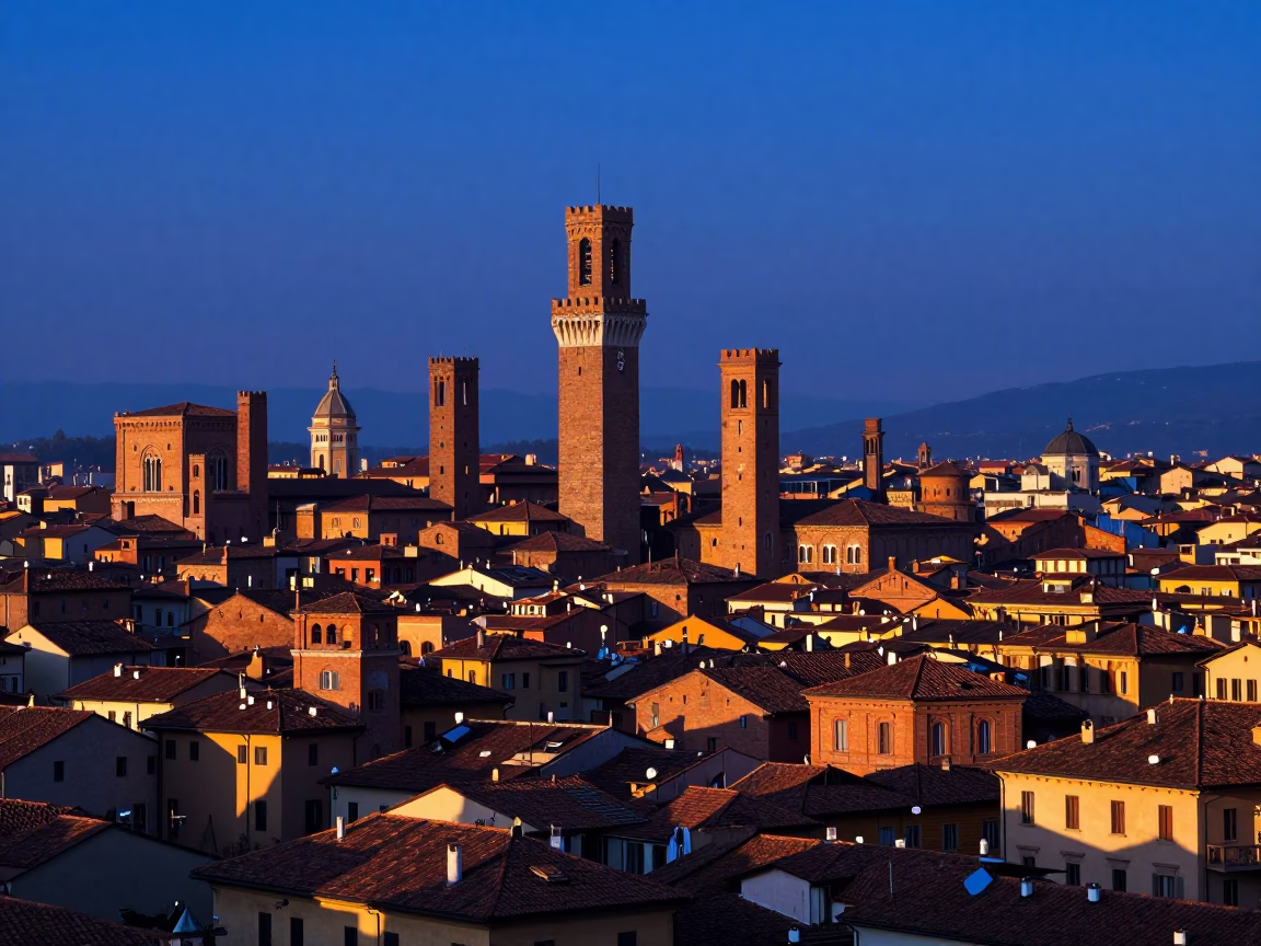 Indigo Twilight Landscape of Bologna Italy with Historic Architecture and Street Activity in in Bologna, Italy