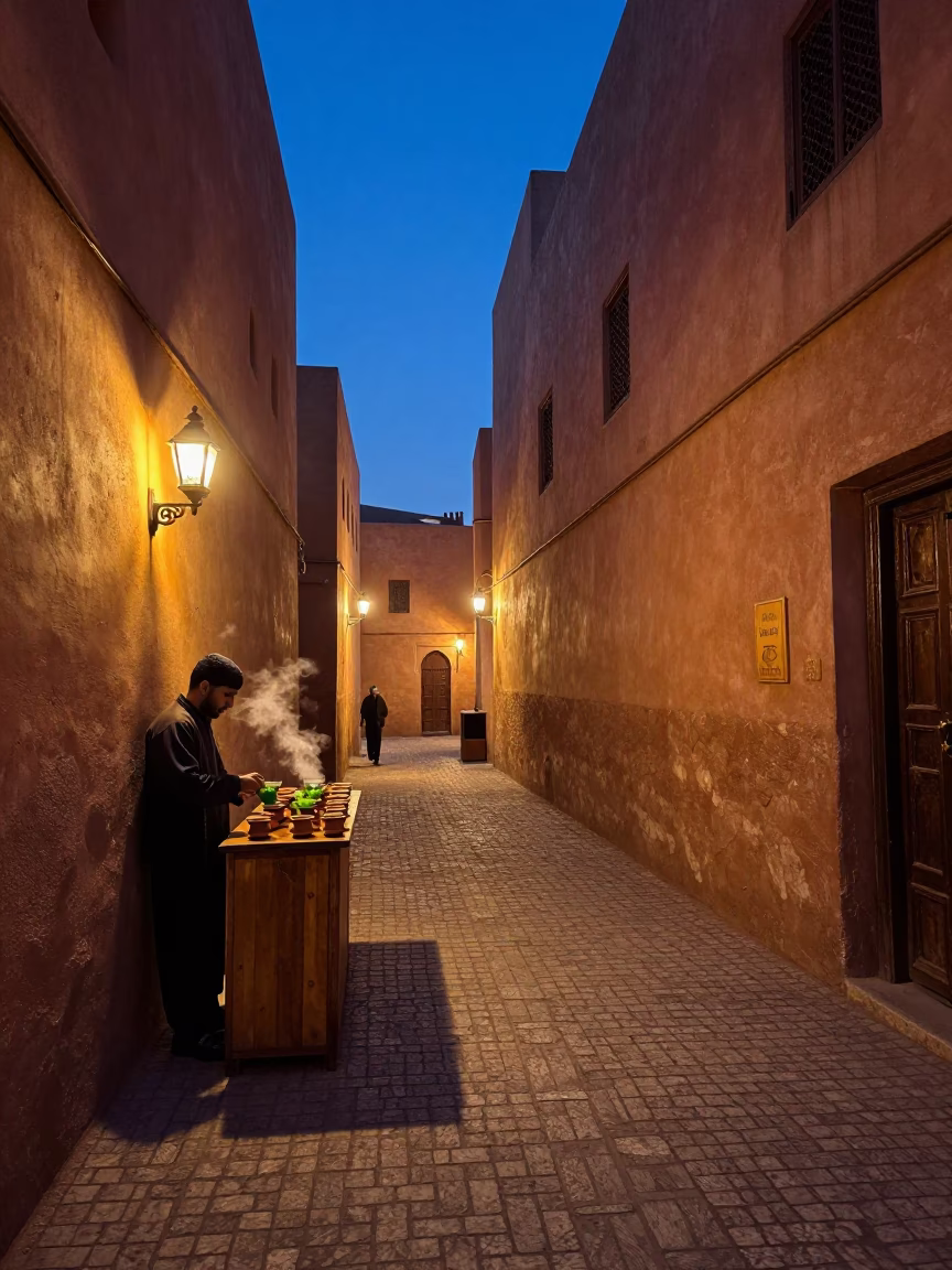 Indigo Twilight Lantern-Lit Alley in Marrakech Old Town Morocco in in Marrakech, Morocco