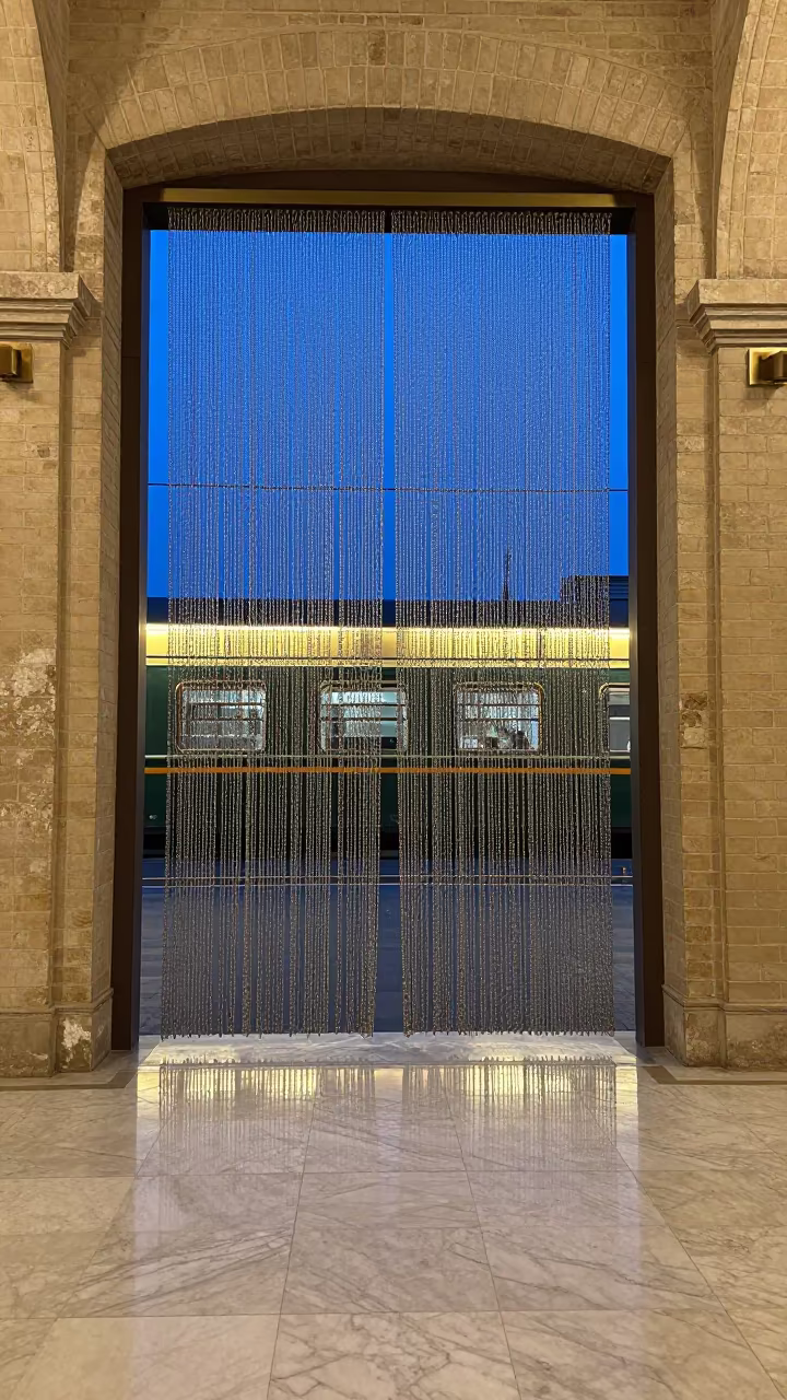 Indigo Twilight Light Through Chain Curtain in inside a restored train terminal in Alanya