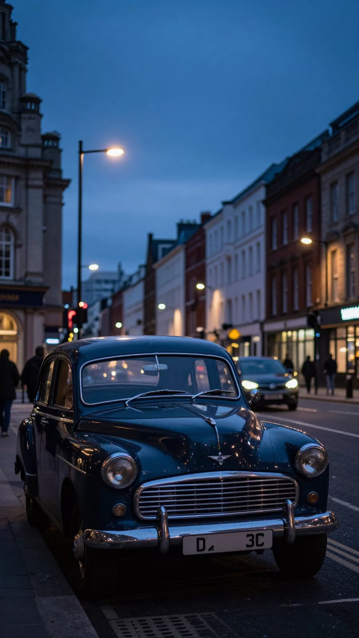 Indigo Twilight Liverpool Street Scene with Vintage Car and Marine Science Field Station in in Liverpool, United Kingdom