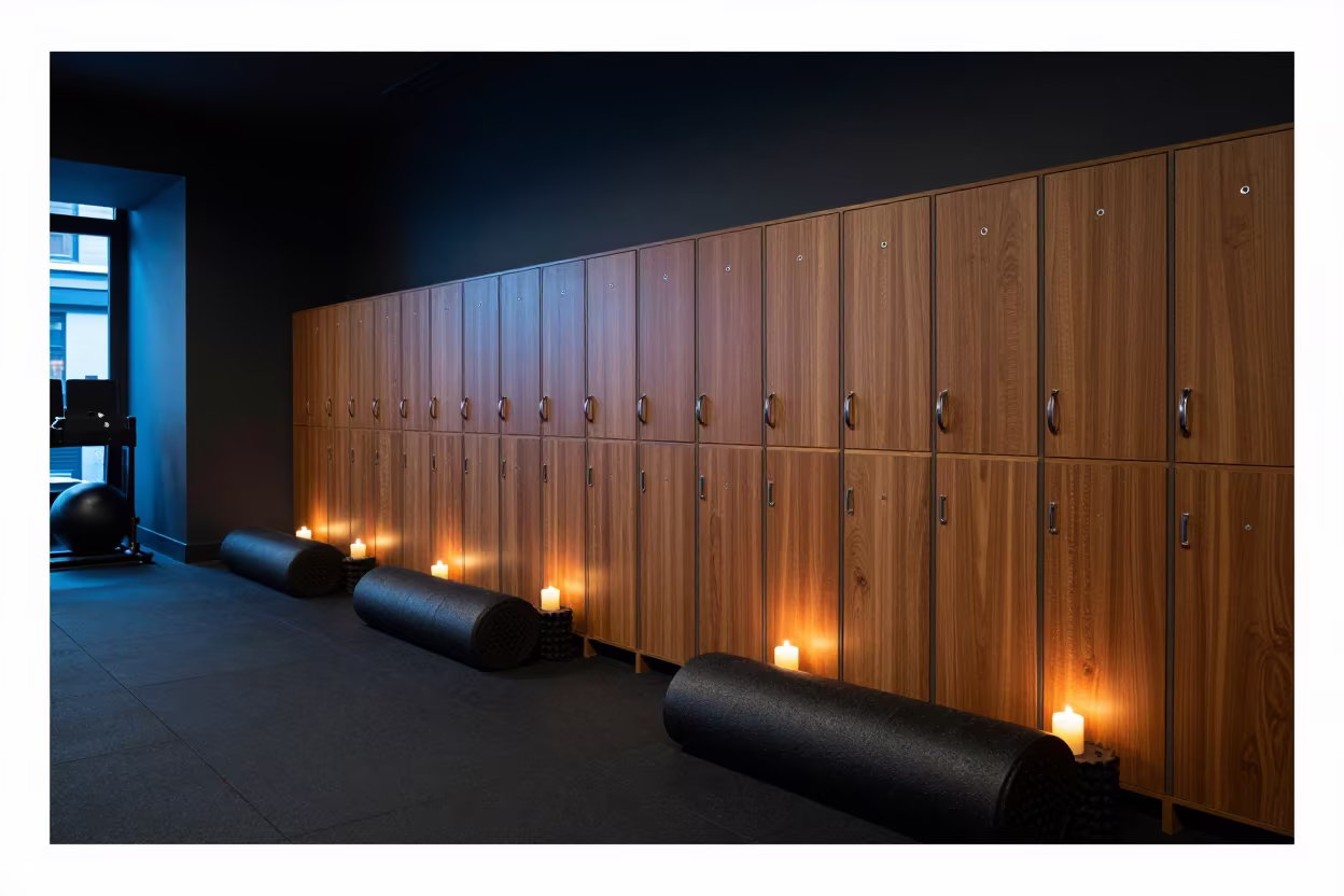 Indigo Twilight Locker Cubby Wall in London Gym in inside a recovery lounge beside foam rollers in Shoreditch, London