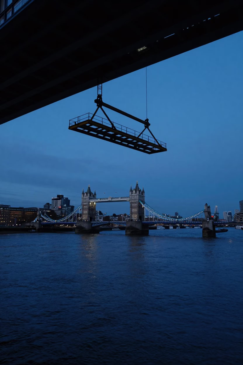 Indigo Twilight London Bridge Maintenance Cradle Hanging Above River Thames in in London, United Kingdom