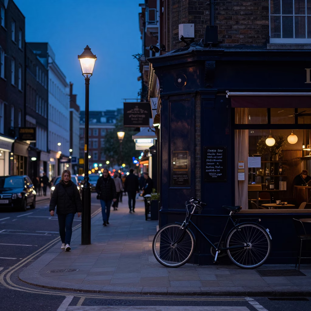 Indigo Twilight London Street Scene with Bicycle and Café Window in in London, United Kingdom