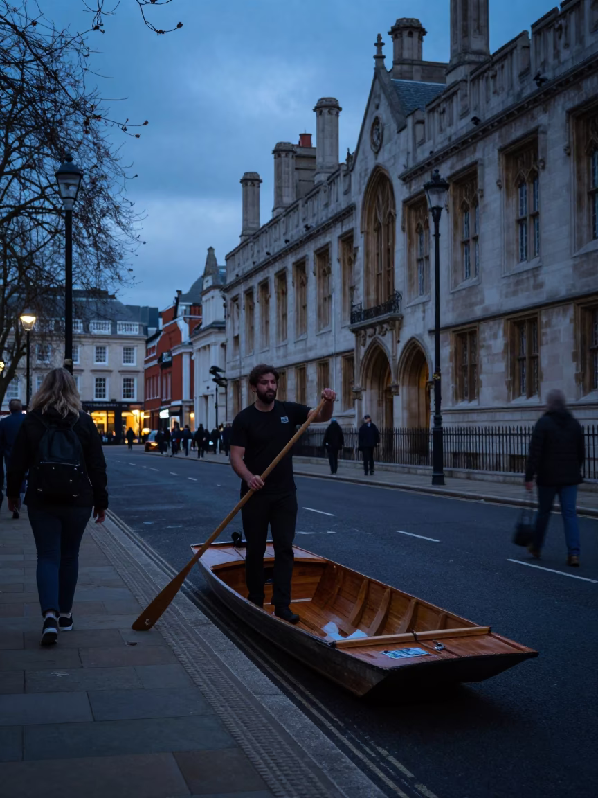 Indigo Twilight London Street Scene with Punt Guide and Brushed Steel Details in in London, United Kingdom