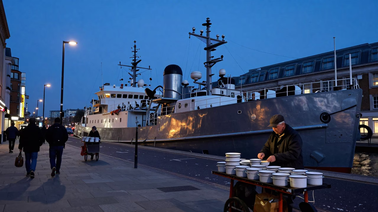 Indigo Twilight London Street Scene with Research Vessel A-Frame and Enamel Bowls in in London, United Kingdom