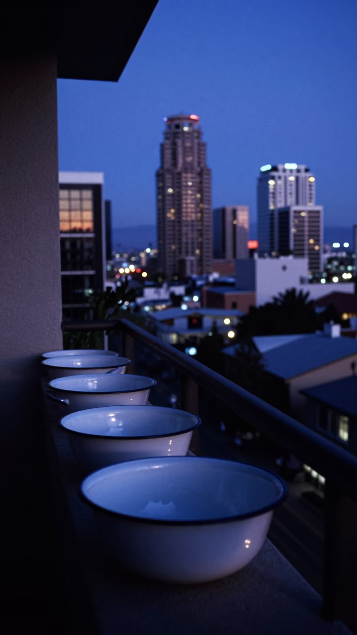 Indigo Twilight Los Angeles Balcony with Enamel Bowls and Pruning Shears in in Los Angeles, California, United States
