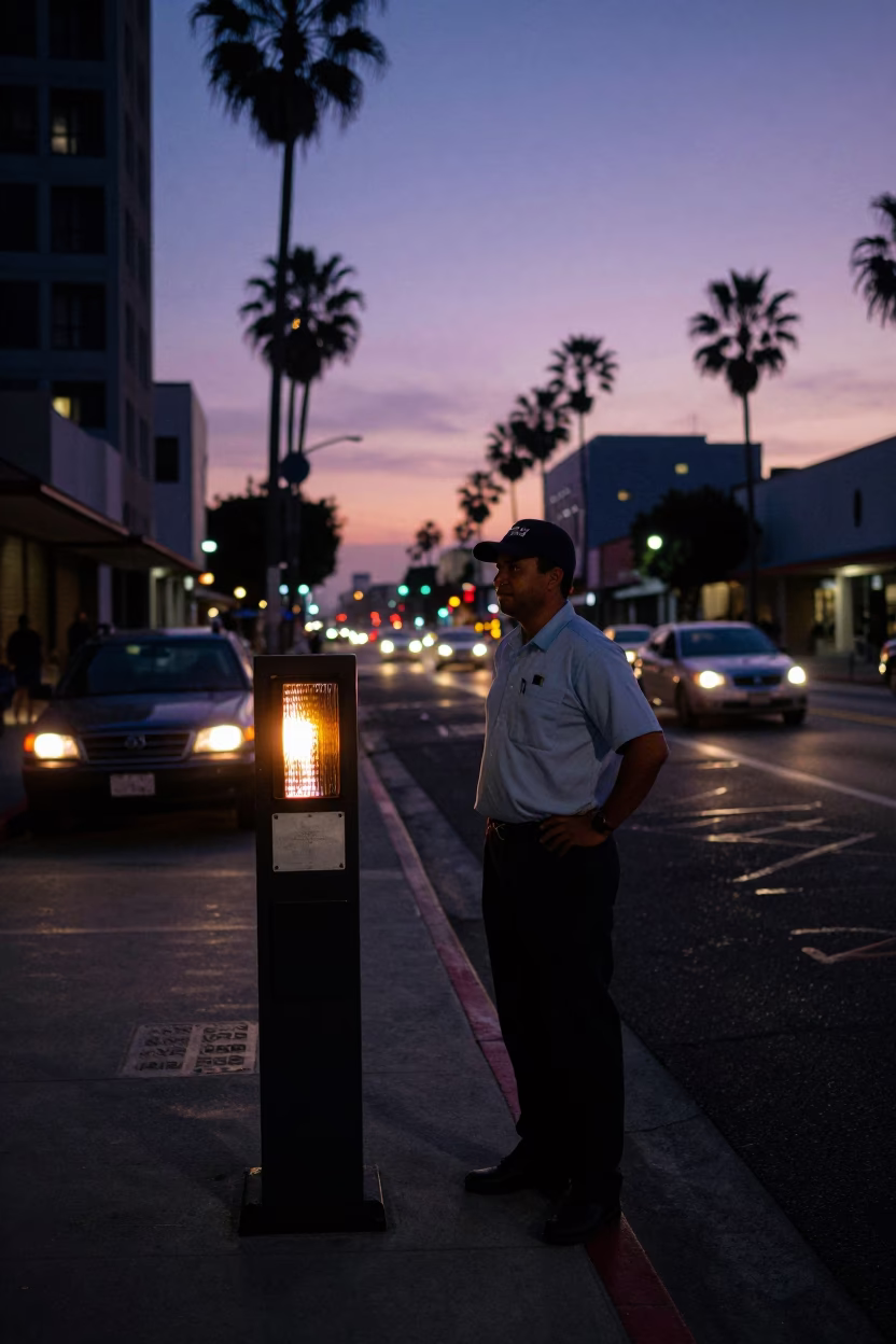 Indigo Twilight Los Angeles Hotel Valet Stand Reflecting Headlight Streaks Under Awning in in Los Angeles, California, United States
