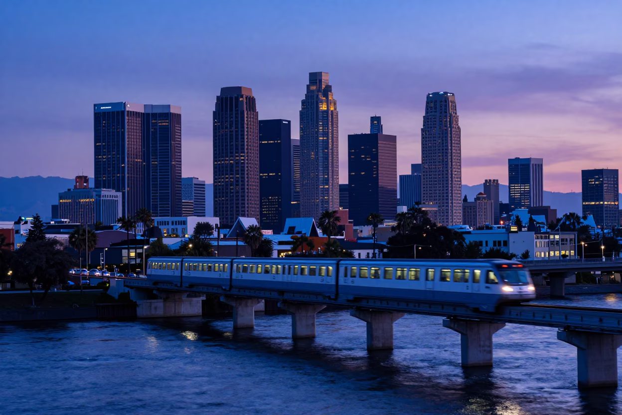 Indigo Twilight Los Angeles Monorail Sweeping Above River with Highway Headlight Trails in in Los Angeles, California, United States
